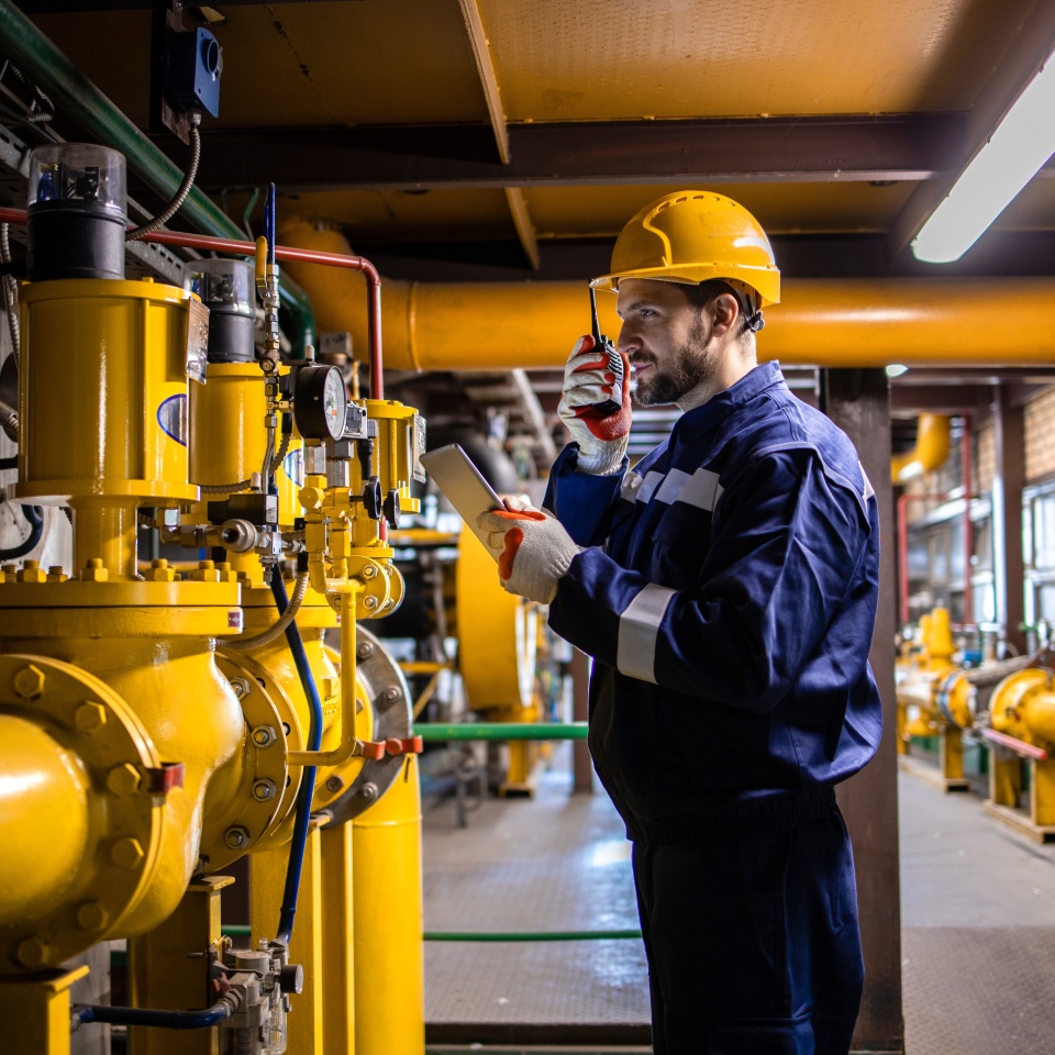 Professional caucasian refinery worker in safety equipment checking gas pipeline installation and pressure.