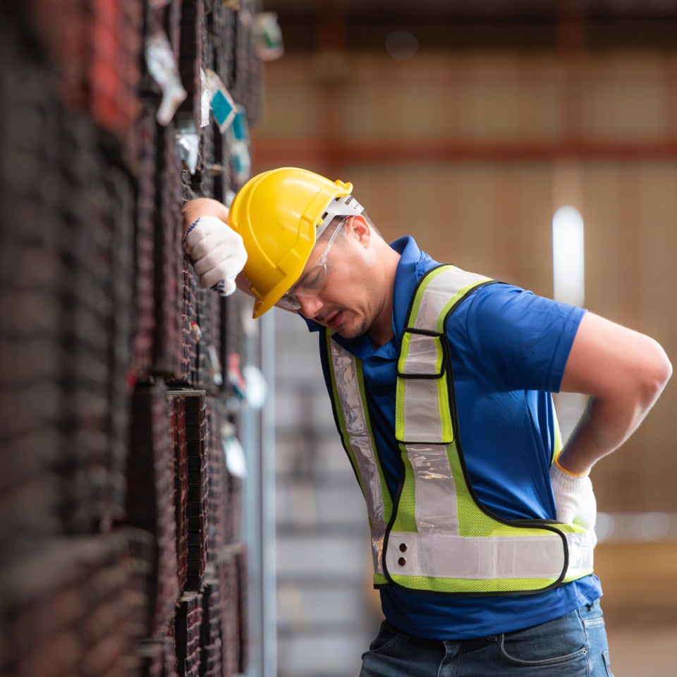 Portrait of a male worker wearing a safety vest and helmet standing on a steels pallet due to back pain from working in a factory lifting heavy things.