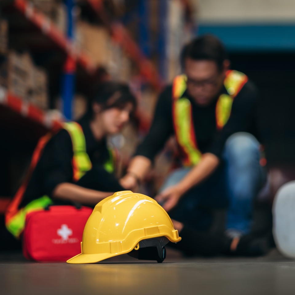 Warehouse worker has an accident from falling from a height while working in a factory.