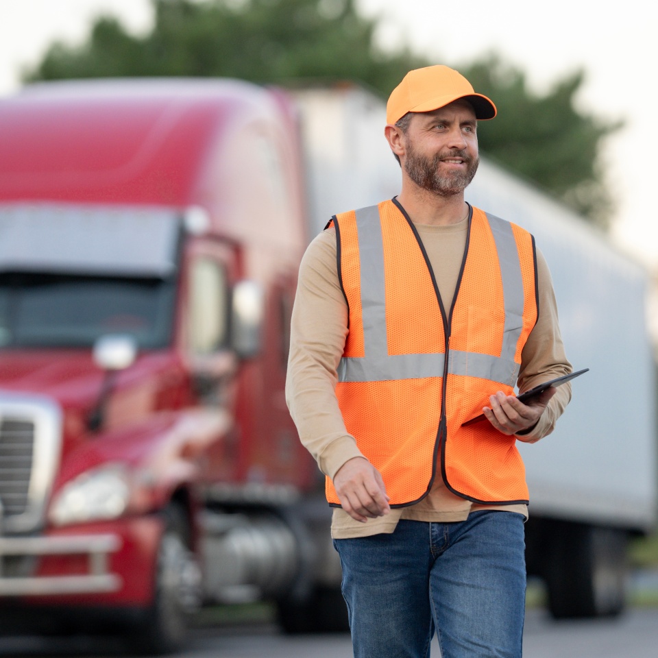 Truck logistics in cargo transportation. Semi-truck delivering for logistics companies. Professional driver operating a freight truck for supply chain logistics. Truck logistics services concept.