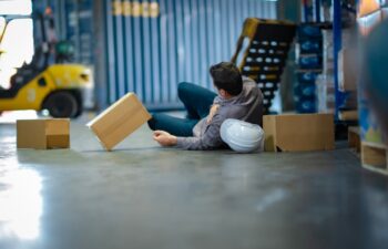 Logistics worker of older age fell while working. Realistic depiction of industrial hazards, warehouse injury, and employee well-being.